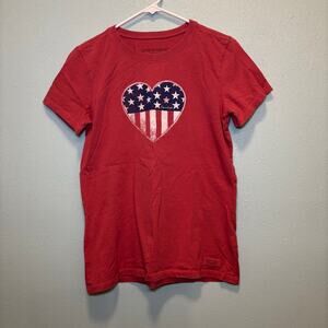 Women's Life is Good Red Blue White Heart Flag Short Sleeve Tee M